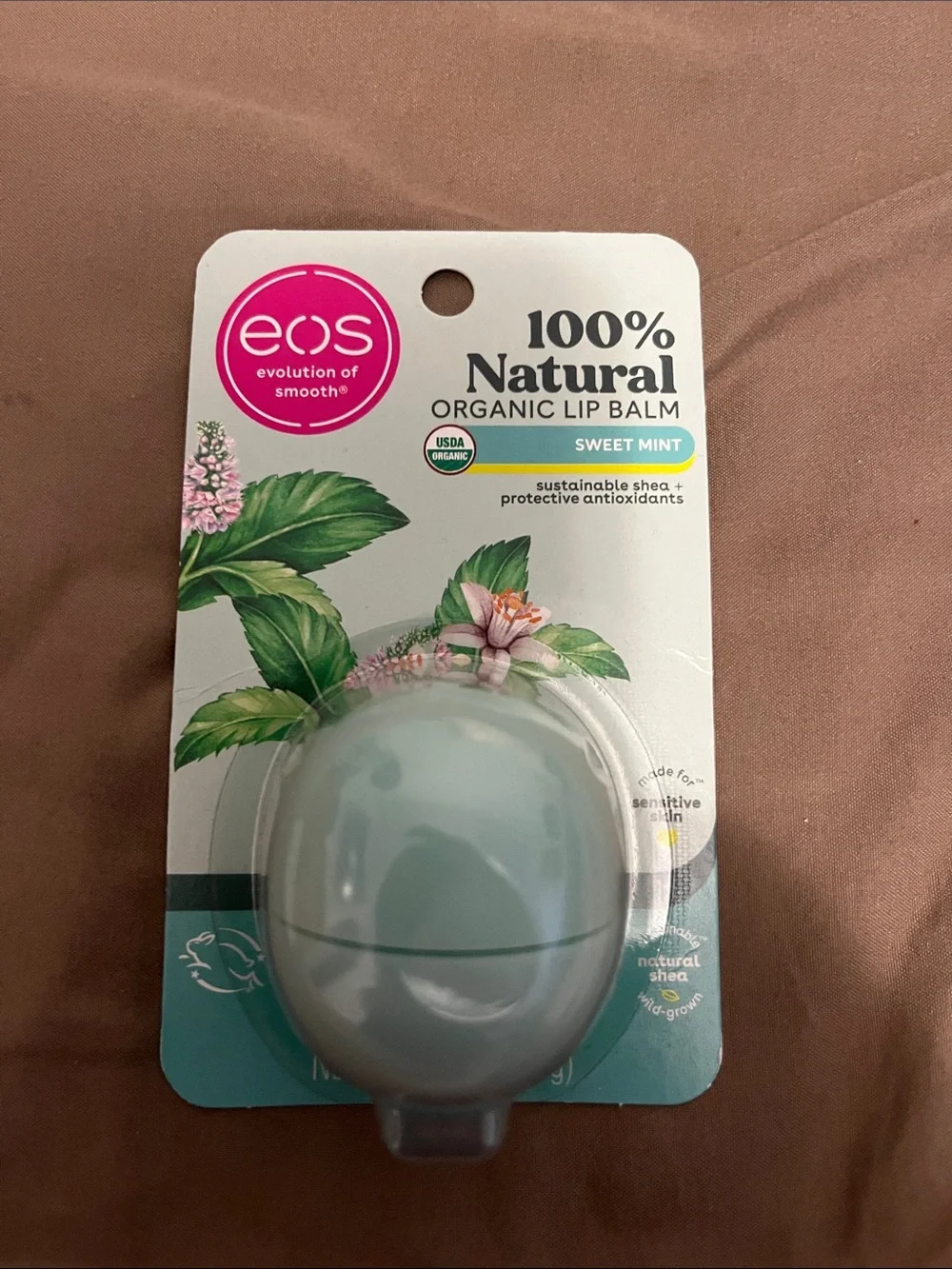 eos Sweet Mint Organic Lip Balm — Light Blue and White Packaging